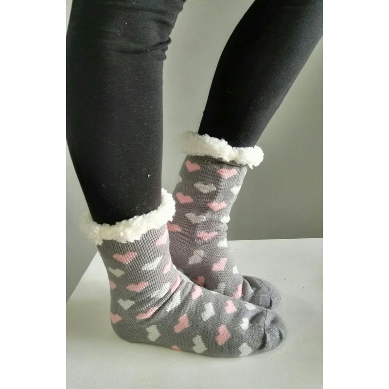 Fluffy Slipper Socks - Hearts (Grey)