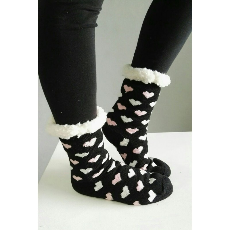 Fluffy Slipper Socks - Hearts (Black)