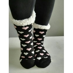 Fluffy Slipper Socks - Hearts (Black)