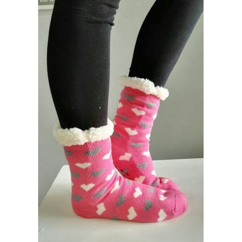 Fluffy Slipper Socks - Hearts (Pink)
