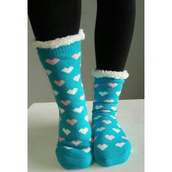 Fluffy Slipper Socks - Hearts (Turquiose)