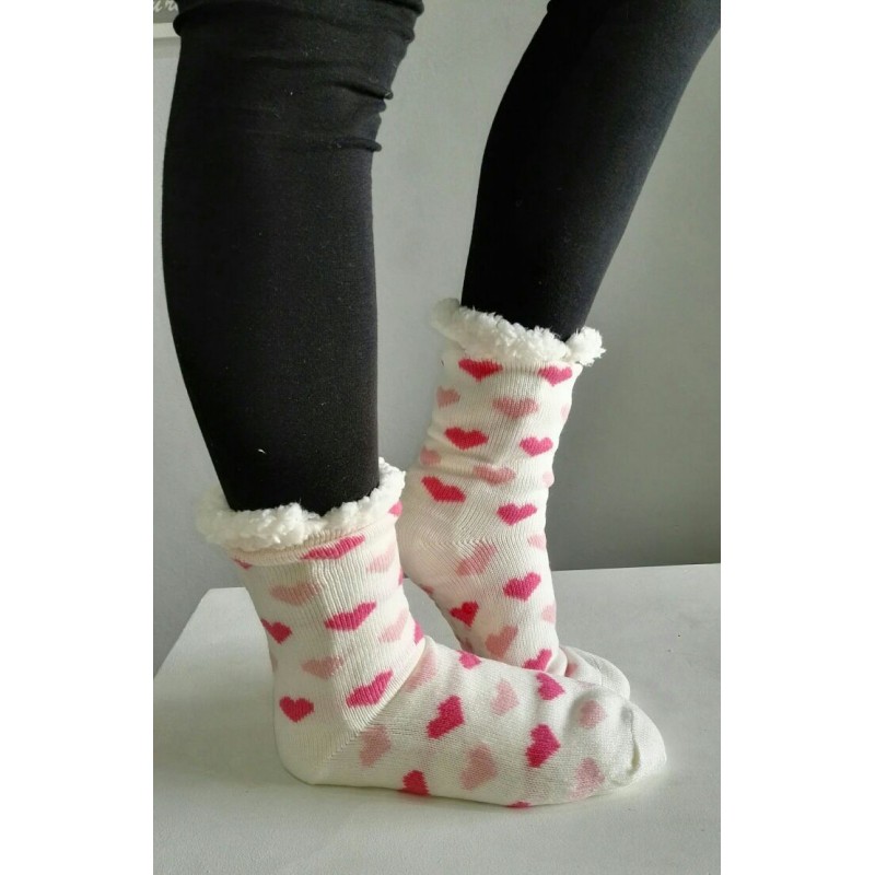 Fluffy Slipper Socks - Hearts (White)