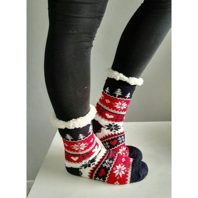 Fluffy Slipper Socks - Christmas (Black with Red)