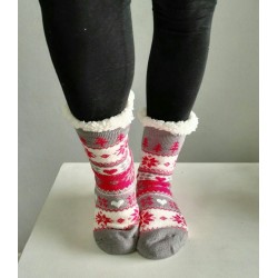 Fluffy Slipper Socks - Christmas (Pink with Grey)
