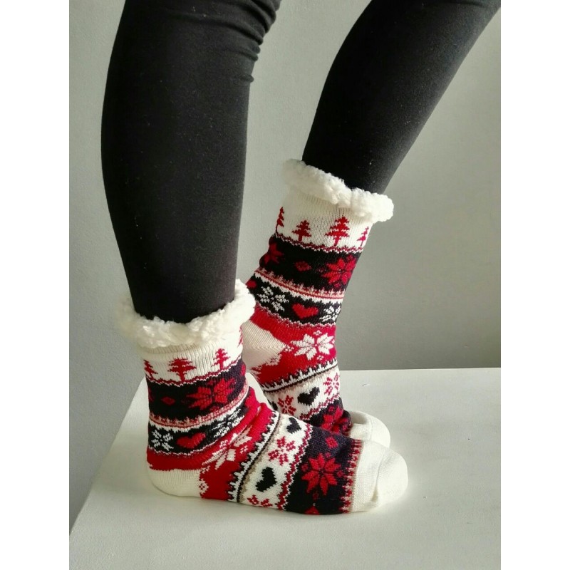 Fluffy Slipper Socks Christmas White with Red