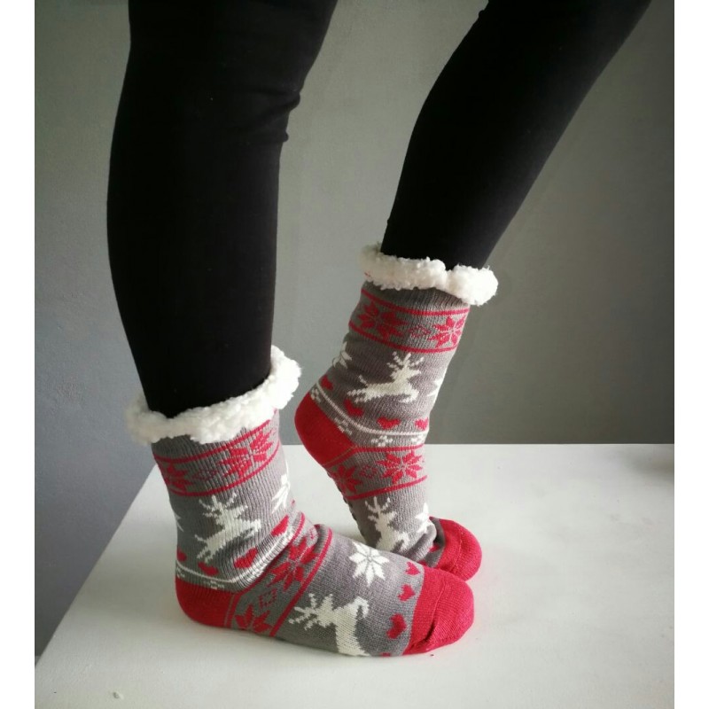 Fluffy Slipper Socks - Reindeer (Grey with Red)