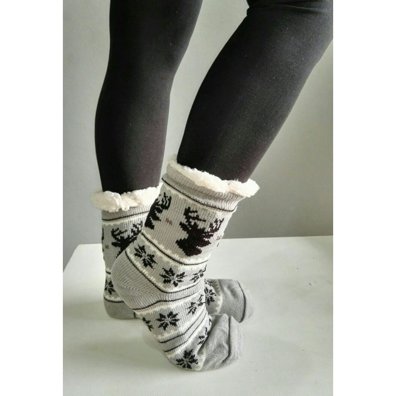 Fluffy Slipper Socks - Reindeer (Grey with Black)