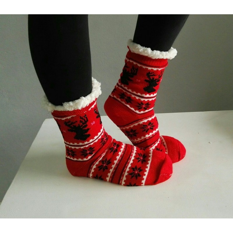 Fluffy Slipper Socks - Reindeer (Red)