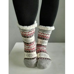Fluffy Slipper Socks - Snowflake (Grey with White & Red)