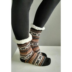 Fluffy Slipper Socks - Stripes (Black with Brown)