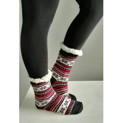 Fluffy Slipper Socks - Stripes (Black with Maroon)