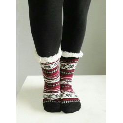 Fluffy Slipper Socks - Stripes (Black with Maroon)