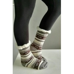 Fluffy Slipper Socks - Stripes (Grey with Brown)