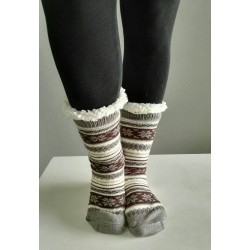 Fluffy Slipper Socks - Stripes (Grey with Brown)