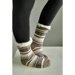 Fluffy Slipper Socks - Stripes (Beige with Grey)