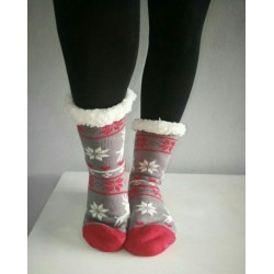 Fluffy Slipper Socks - Reindeer (Grey with Red)