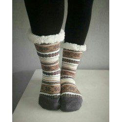 Fluffy Slipper Socks - Stripes (Grey with Beige)